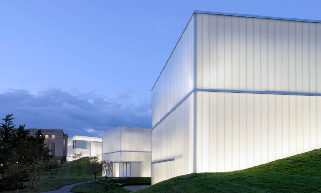 Illuminated building facades at the Nelson Atkins Museum of Art