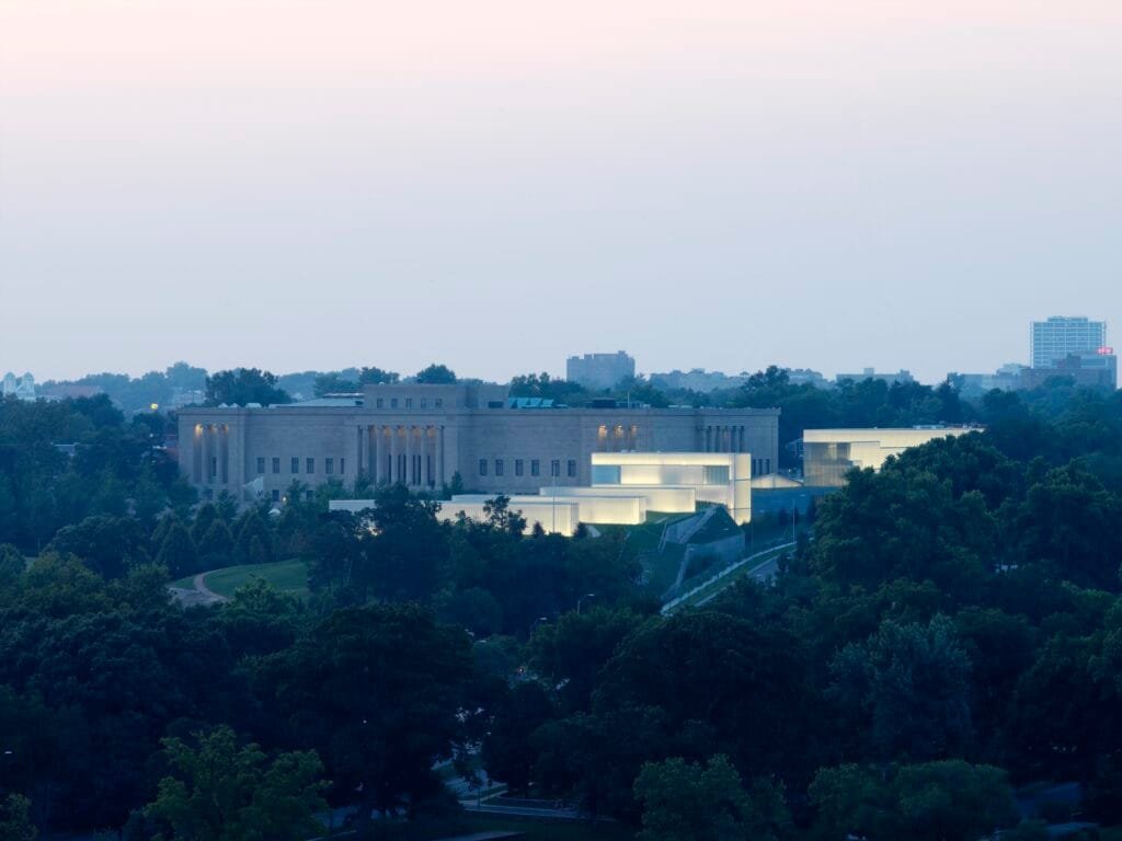 Illuminated facades of the Nelson-Atkins Museum of Art. 